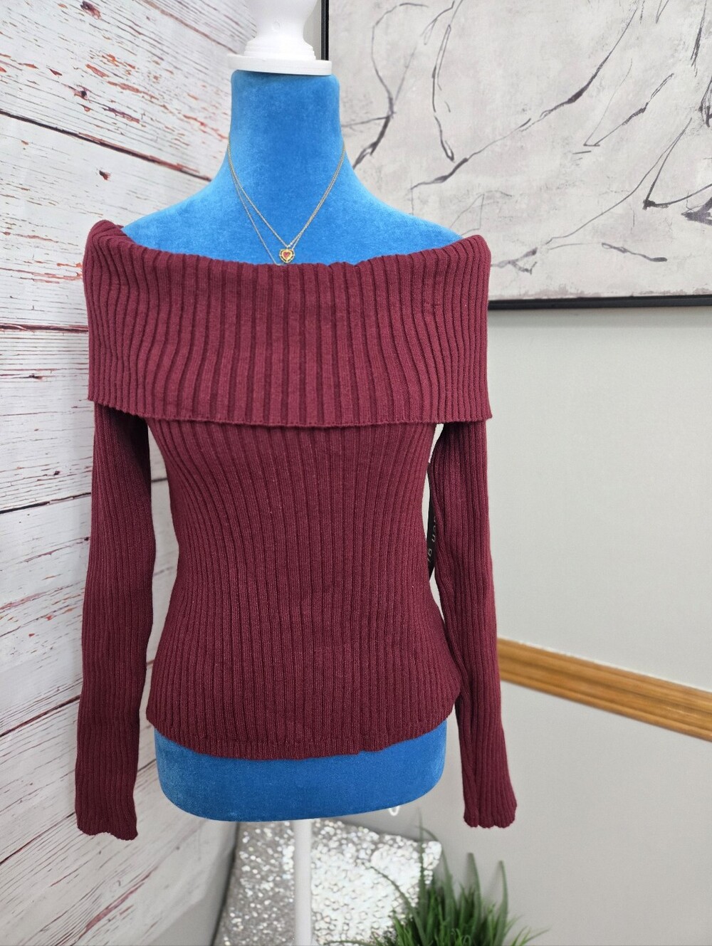 NWT Madden Girl Ribbed Off Shoulder Sweater XL Burgundy Wine Foldover Knit Top